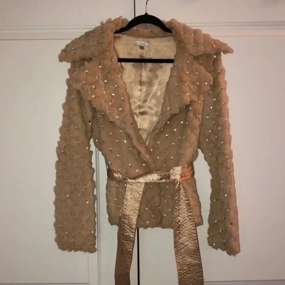 Gorgeous Cache rabbit fur tan jacket, with rhinestones and a silk tie. - Picture 1 of 7